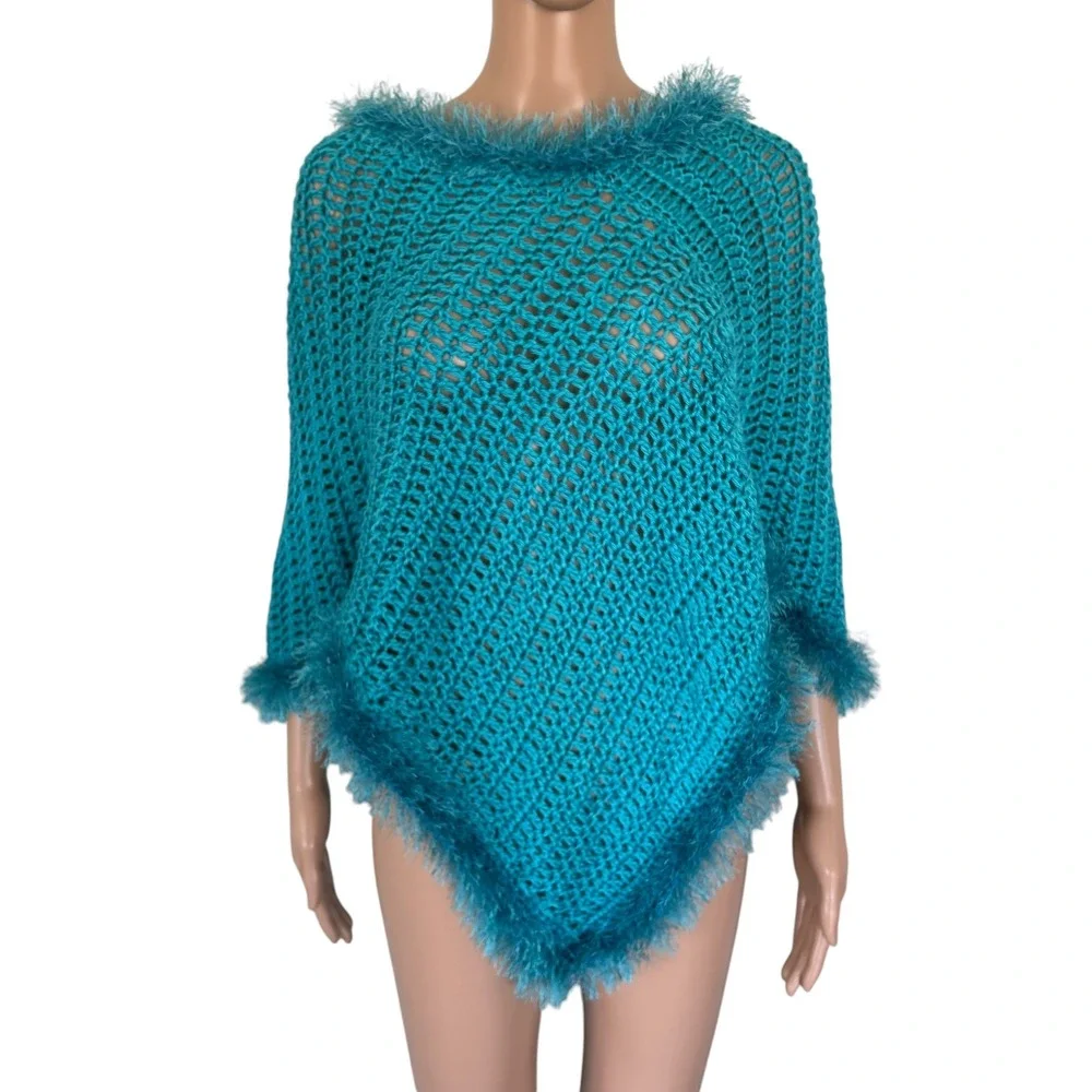 Handmade Teal Crochet Poncho Eyelash Fringe Trim Boho Open Knit Wrap Whimsigoth